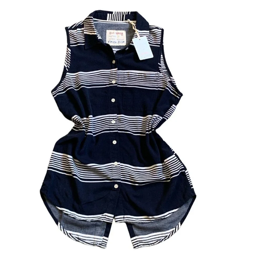Girl Krazy‎ Sleeveless Boyfriend Button-Front Striped Shirt S Navy #19E